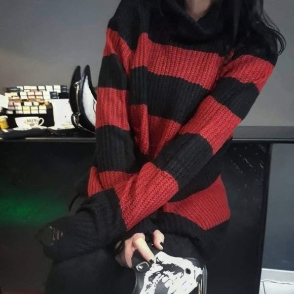 Killstar Seven Knit Sweater | Blood Red Distressed Raw Hem Extra Long Striped - Picture 7 of 8